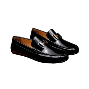 Hermes Men’S Loafer Moccasin Polish Leather With H Silver In Black