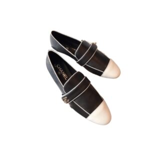 Chanel Leather CC Cap Toe Slip On Loafers Black