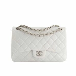 Chanel Classic Double Flap Bag White Silver Hardware 25Cm